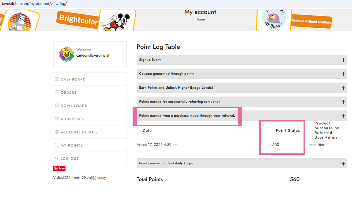 Points earned from a purchase made through your referral
